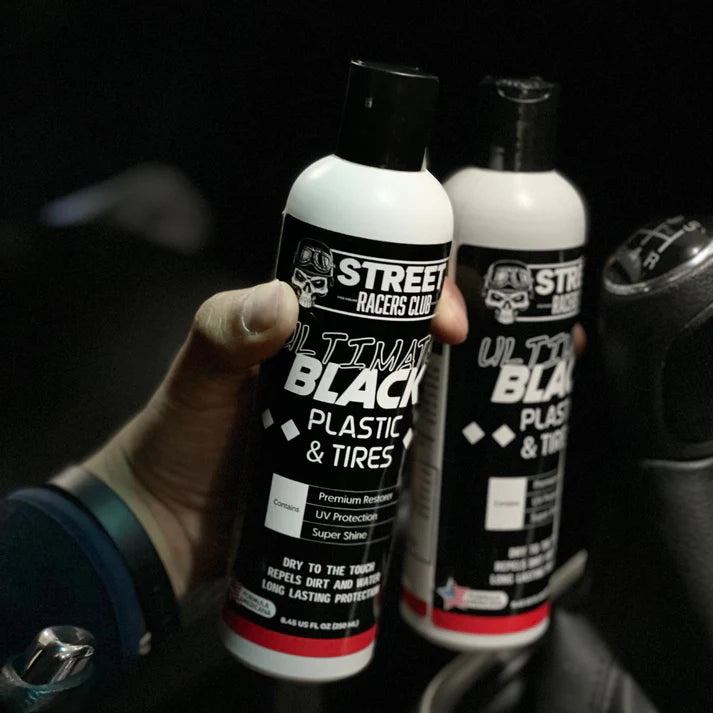 2 x 1 Street Racers Club - Restaurador Abrillantador Repelente al agua (ULTIMATE BLACK) Parachoques, Llantas, Pintura quemada de tu carro [ Restaura al instante] 2 Botellas por 24.99