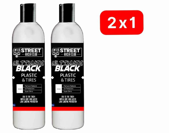 2 x 1 Street Racers Club - Restaurador Abrillantador Repelente al agua (ULTIMATE BLACK) Parachoques, Llantas, Pintura quemada de tu carro [ Restaura al instante] 2 Botellas por 24.99
