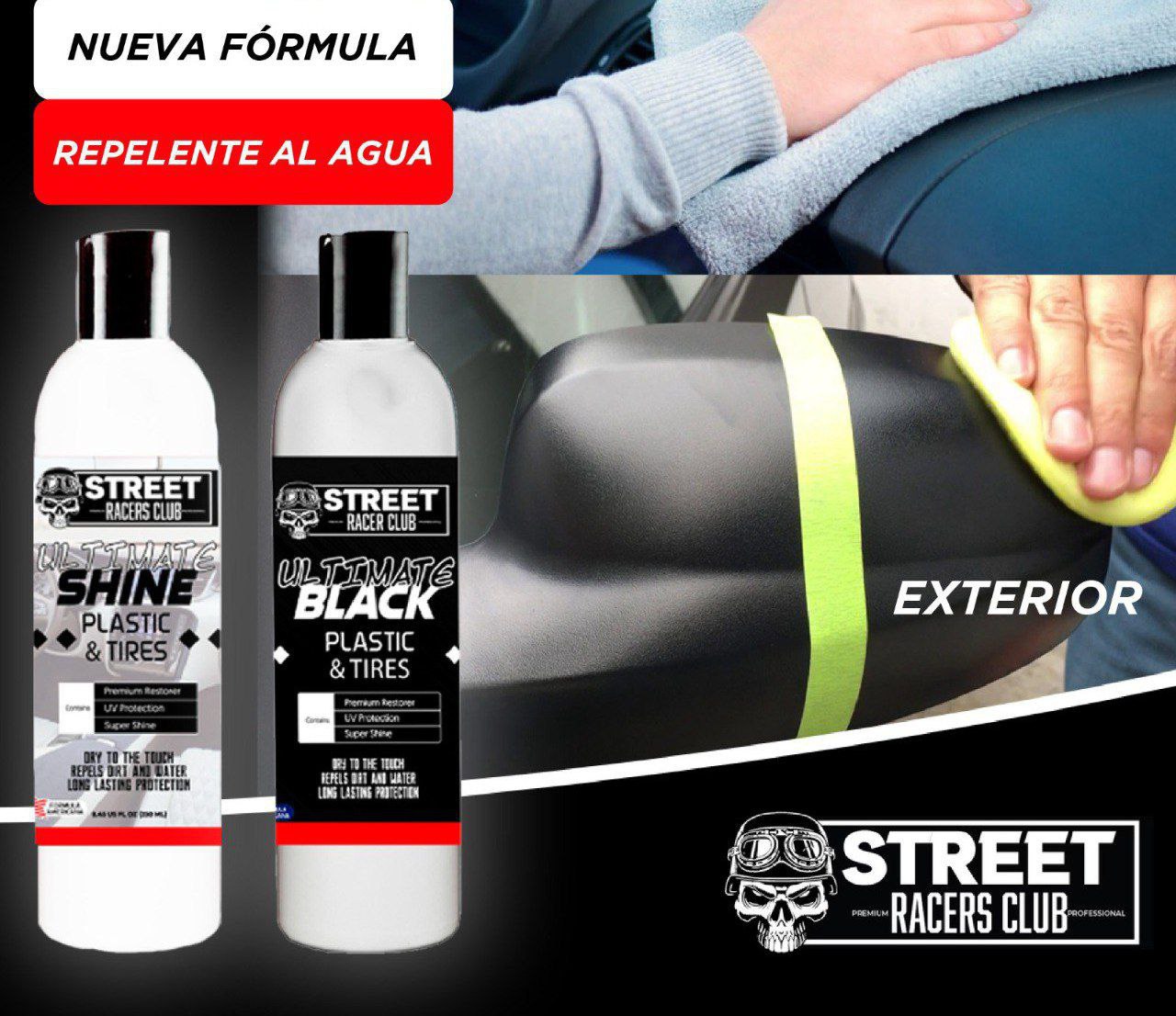 2 x 1 Street Racers Club - Restaurador Abrillantador Repelente al agua (ULTIMATE BLACK) Parachoques, Llantas, Pintura quemada de tu carro [ Restaura al instante] 2 Botellas por 24.99