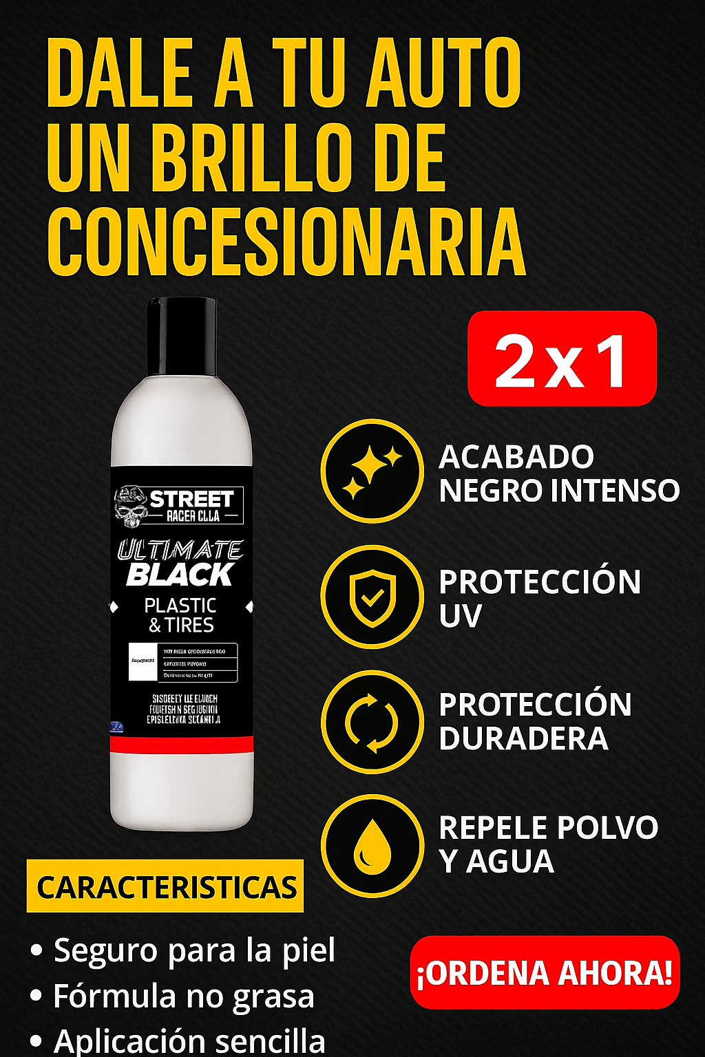 2 x 1 Street Racers Club - Restaurador Abrillantador Repelente al agua (ULTIMATE BLACK) Parachoques, Llantas, Pintura quemada de tu carro [ Restaura al instante] 2 Botellas por 24.99