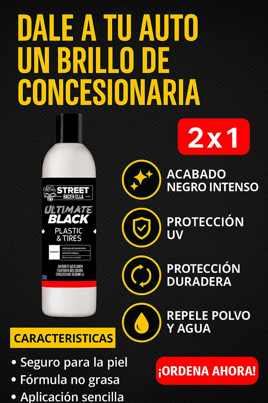 2 x 1 Street Racers Club - Restaurador Abrillantador Repelente al agua (ULTIMATE BLACK) Parachoques, Llantas, Pintura quemada de tu carro [ Restaura al instante] 2 Botellas por 24.99